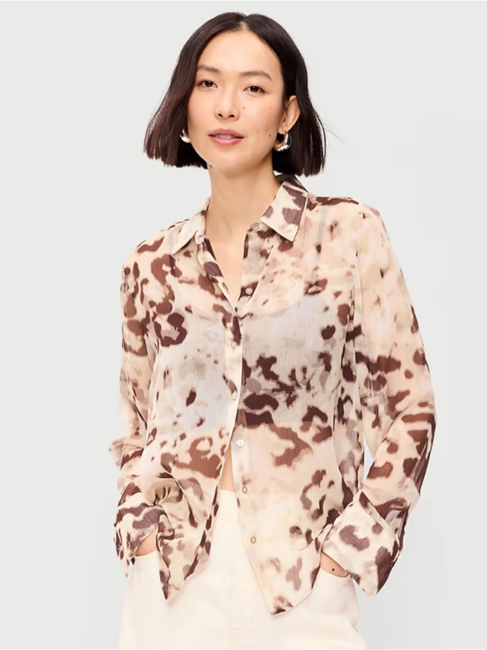 Old Navy Chiffon Sheer Button Down Animal Print Blouse SZ M Office Neutral